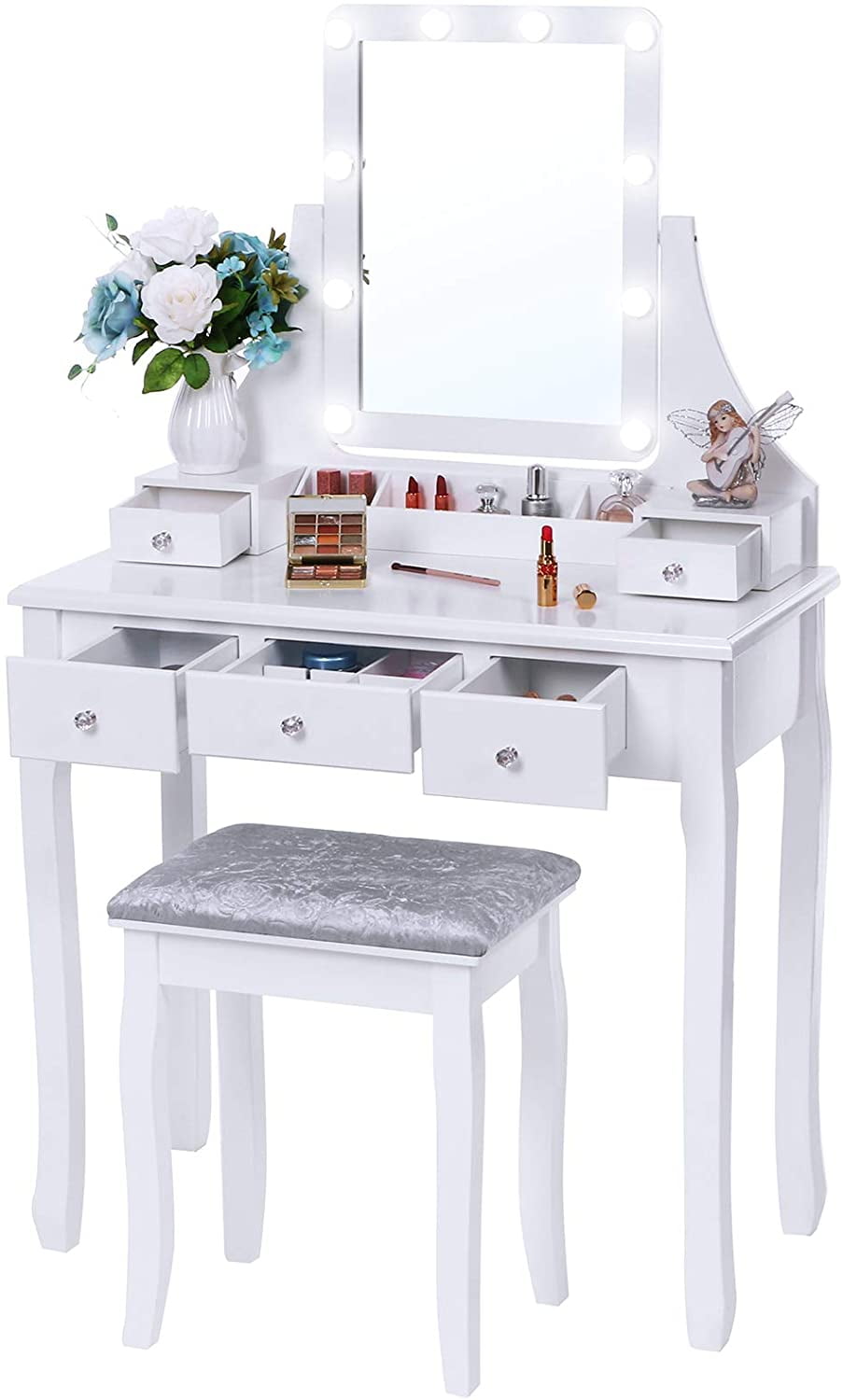 BEWISHOME Vanity Set with Lighted Mirror, 10 LED Dimmable Bulbs