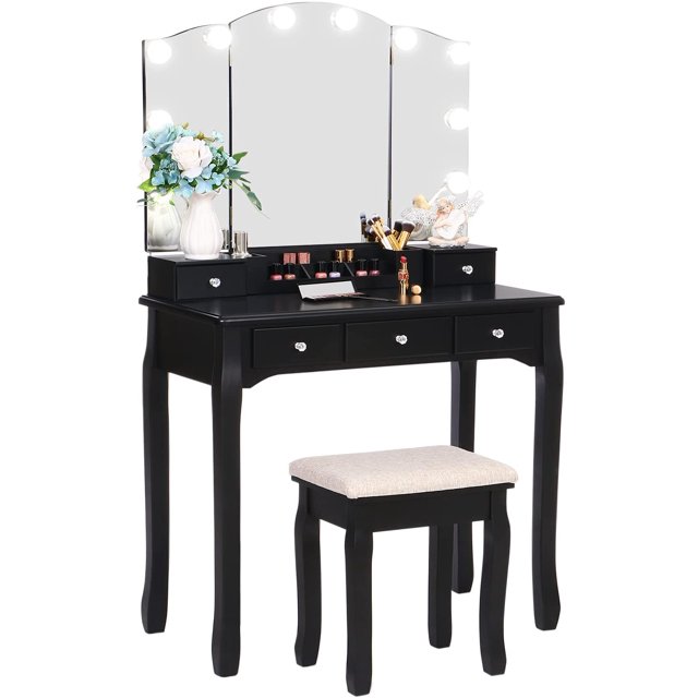 BEWISHOME Black Vanity Set with Lighted Mirror, 10 LED Bulbs, 5 Drawers, 2 DIY Dividers