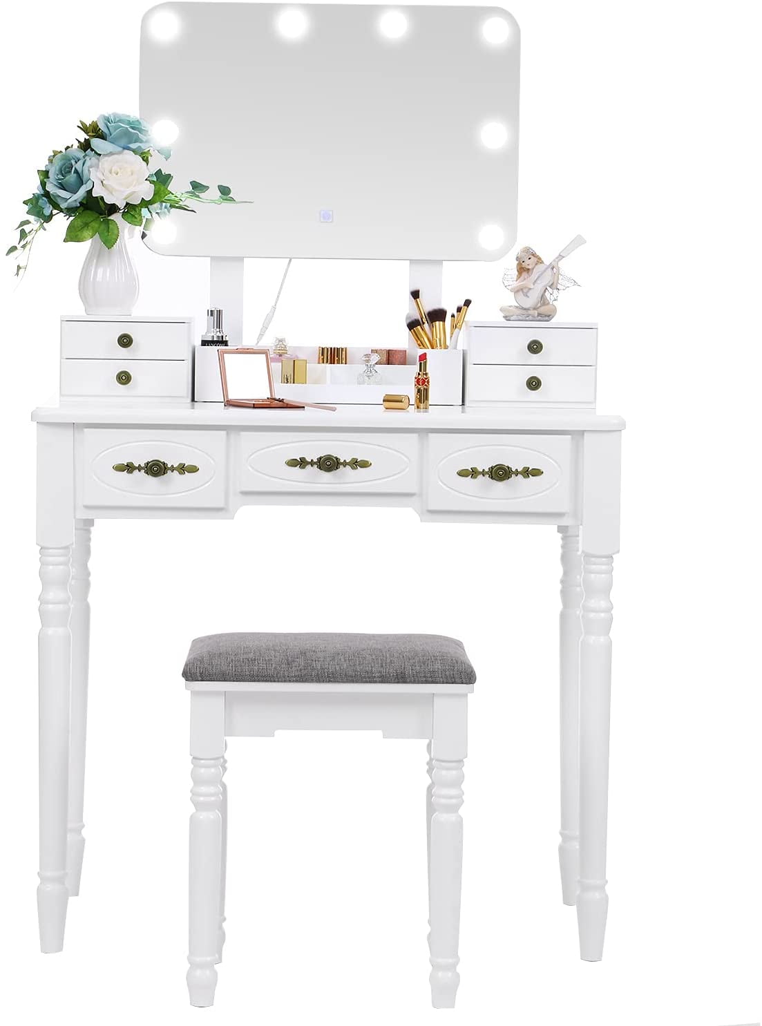 BEWISHOME Vanity Set with Lighted Mirror, Whit Finish Makeup Vanity