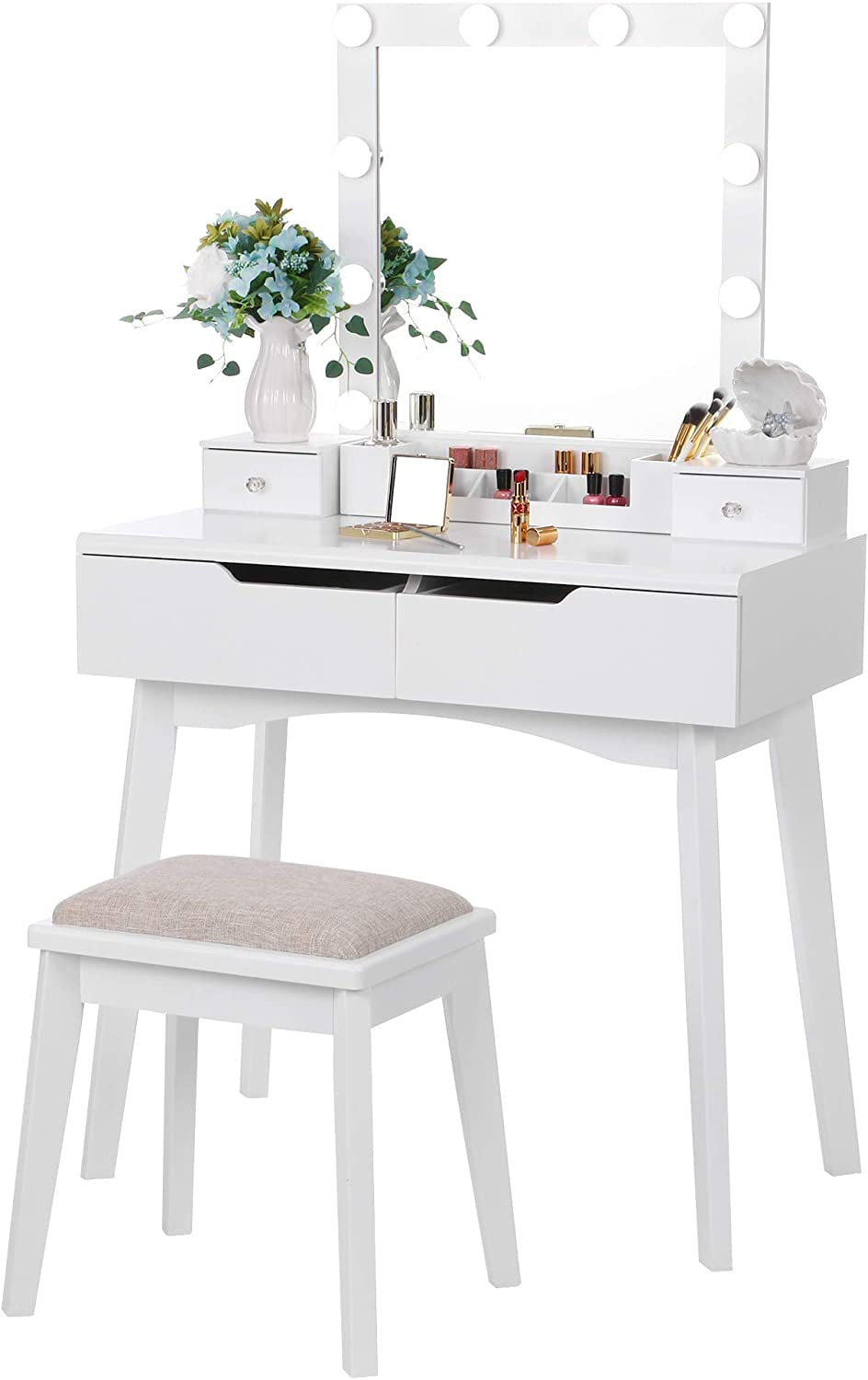 BEWISHOME Vanity Set with Lighted Mirror, Bedroom Furniture Stool