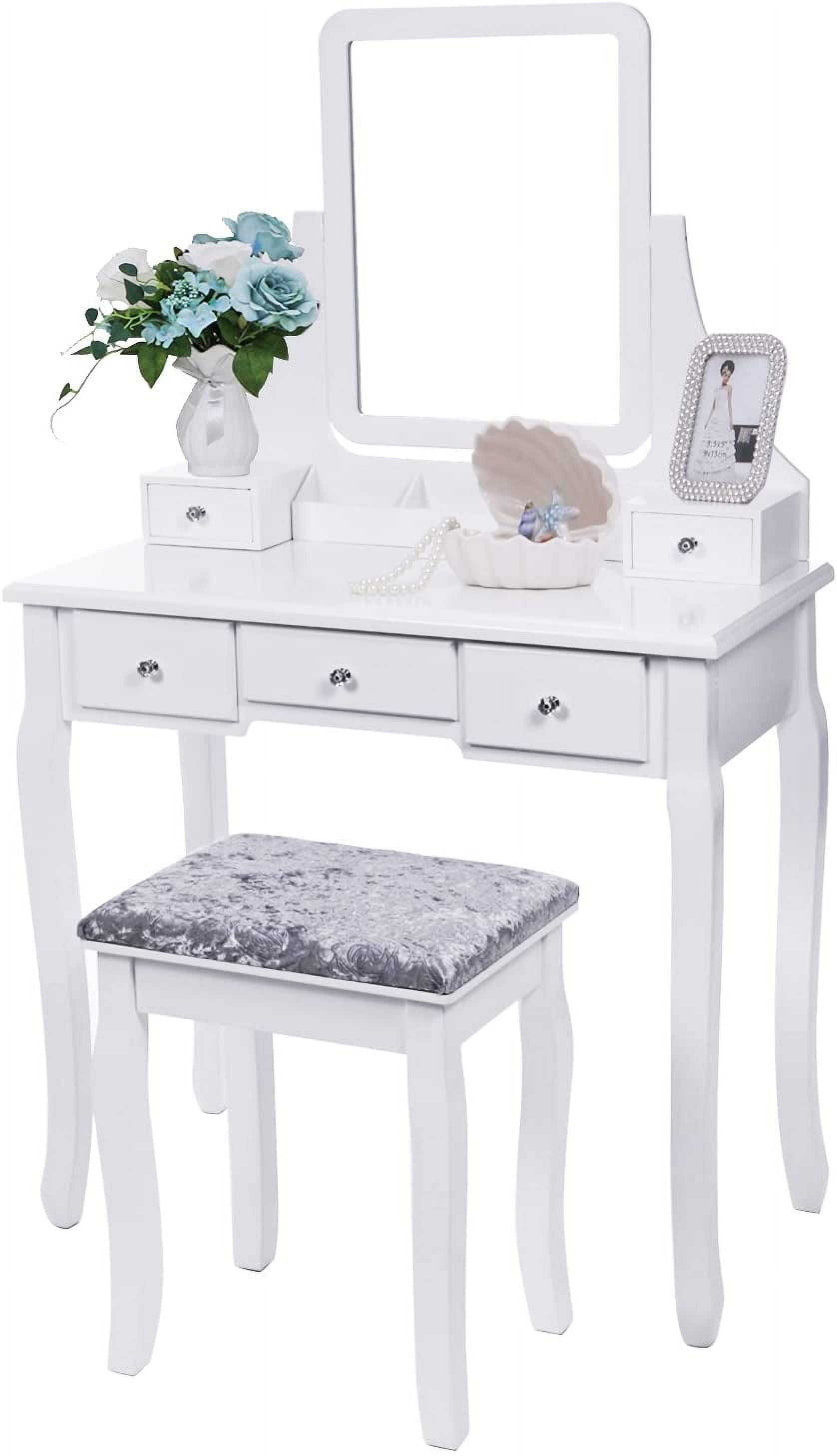 White Engineered Wood Vanity Set with Mirror and Cushioned Stool
