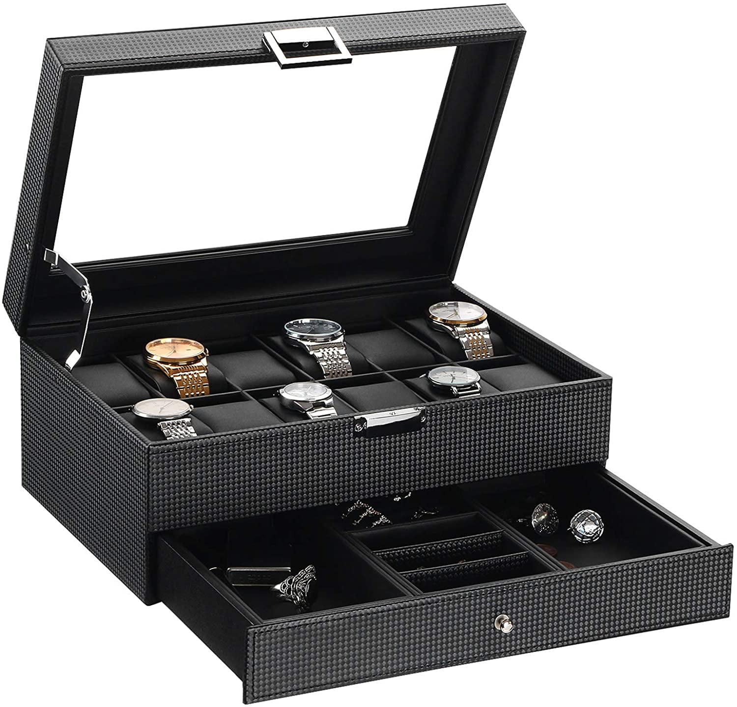 BEWISHOME Jewelry Box Organizer with 4 Watch Case Removable Tray Jewelry Display