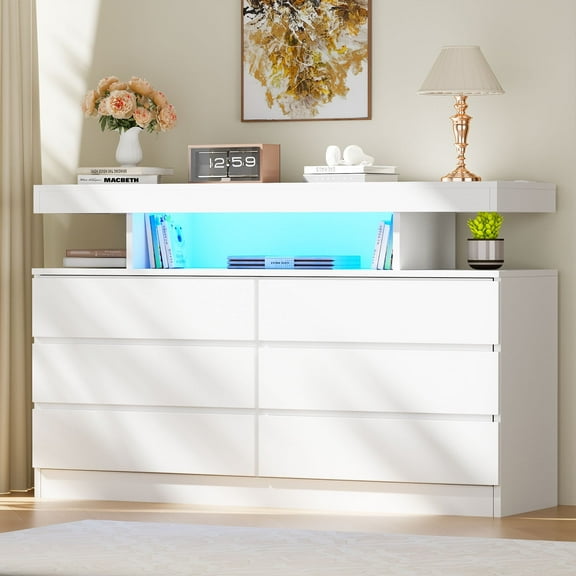 BEWISHOME White 6-Drawer Dresser with LED Lights & Charging Station Modern Wood Storage Cabinet with Open Shelf, USB Ports & Outlets 47.24" Bedroom & Living Room TV Stand