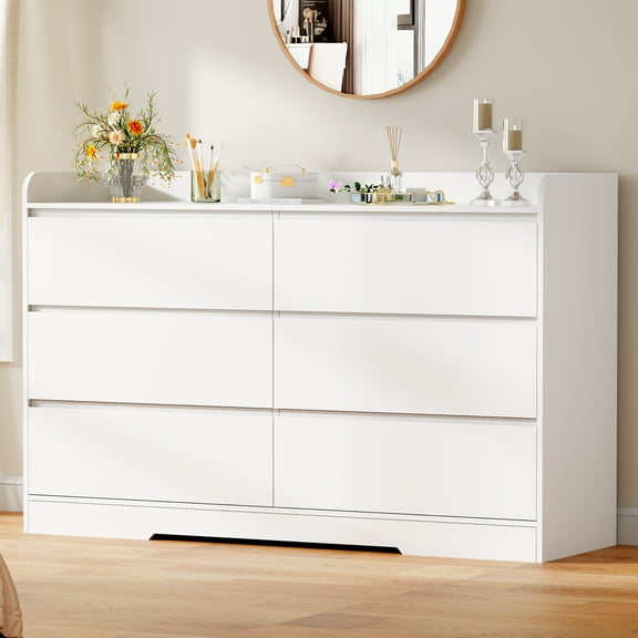 BEWISHOME White 6 Drawer Dresser, Wide Wood Chest of Drawers for Bedroom Closet, Modern Storage Dresser with Top Fence