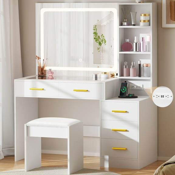 BEWISHOME White Makeup Vanity Desk with LED Mirror, Glass Top, 5 Drawers & Charging Station