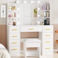 thumbnail image 1 of BEWISHOME White Vanity Desk with Mirror Lights and Stool, Power Outlet, Glass Tabletop, 9 Drawers, 3-Mode LED, 1 of 7