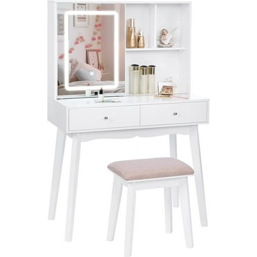BEWISHOME White Vanity Set with Mirror and Lights, Makeup Vanity with 3 Color Lighting, Cabinet & 2 Drawers