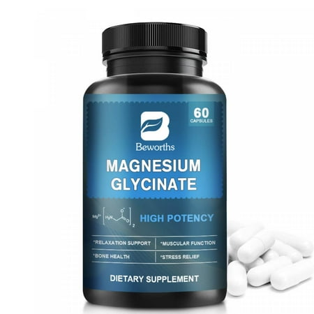 Beworths Magnesium Glycinate Pills - Chelated Magnesium Bisglycinate with BioPerine - Support Bones,Relaxation Supplement,60 Capsules