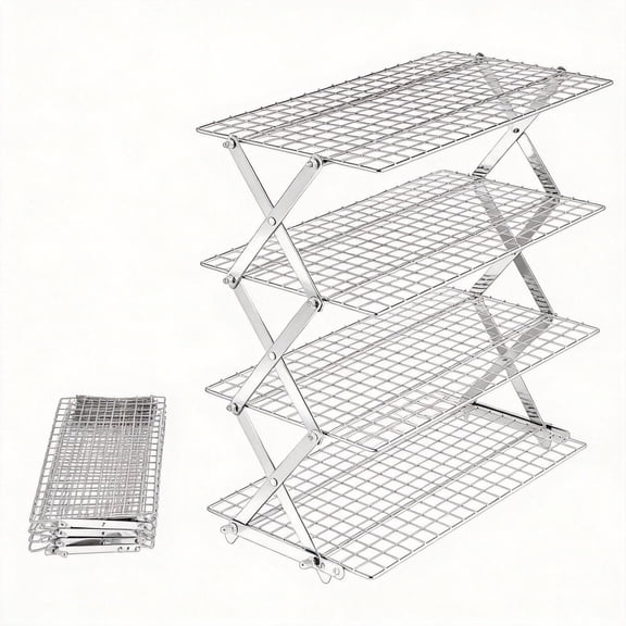 4 Tier Collapsible Cooling Rack - Adjustable Stainless Steel Baking Rack with Leak-Proof Mesh, X-Shaped Structure Cooling Rack for Cooking and Baking, Dishwasher Safe
