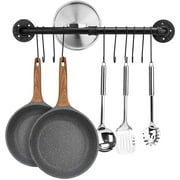 BEYCED 23.7 inch Kitchen Hanging Rod Pot Rack,Kitchen Wall Mounted Detachable Pan Lid Utensils Organizer Hanging Rail with 12 Hooks,Iron Pipe Shape,Black