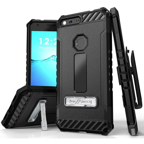 BLACK BEYOND CELL TRI-SHIELD RUGGED CASE COVER with KICKSTAND + BELT CLIP HOLSTER + LANYARD STRAP + CREDIT CARD POCKET FOR GOOGLE PIXEL XL 5.5"