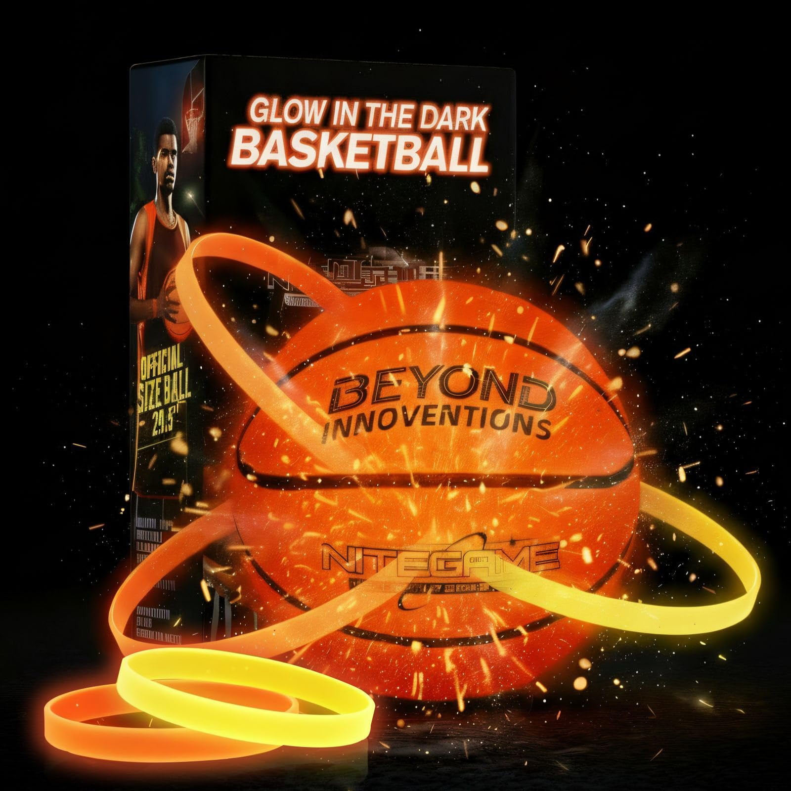 BEYOND INNOVENTIONS Glow in the Dark Basketball with 2x Light Up Bands, Official Size 7
