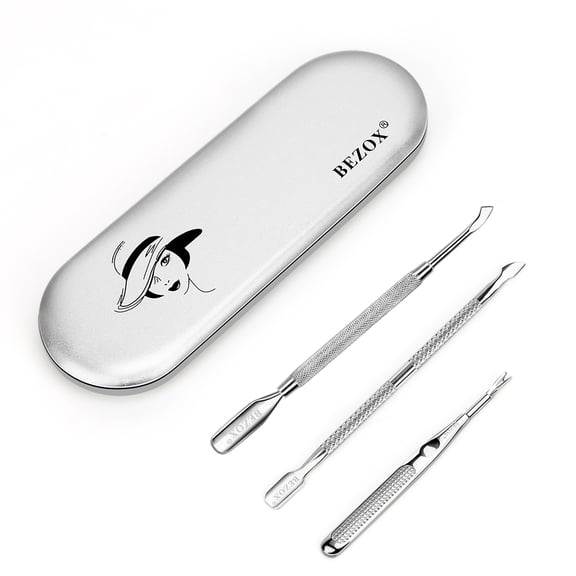 BEZOX Cuticle Pushers and Undernail Cleaner Tool Kit - Stainless Steel Dual Ended Nail Polish Pusher - Angled Cuticle Trimmer and Cuticle Fork - Pack of 3 W/Tin Storage Box
