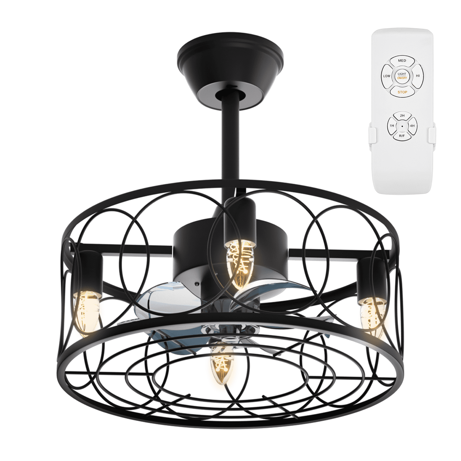 Black 18" Iron Caged Ceiling Fan with LED Light and Remote