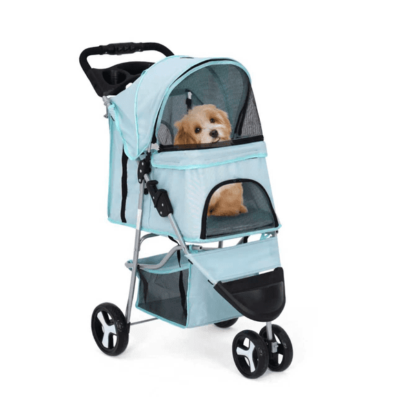 BEZT 3-Wheel Foldable Pet Stroller 360 Swiveling Dog Cat Jogger w/ Weather Cover, Storage Basket & Cup Holder, Breathable Mesh, Mint Green