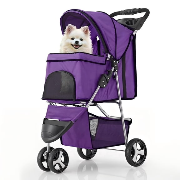 BEZT 3-Wheel Foldable Pet Stroller 360 Swiveling Dog Cat Jogger w/ Weather Cover, Storage Basket & Cup Holder, Breathable Mesh, Purple