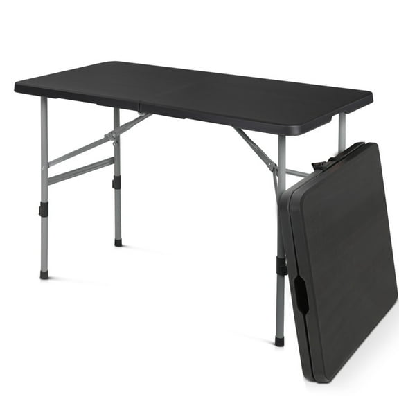 BEZT 48" (4 Foot) Plastic Foldable Table, Indoor Outdoor Desk with Carrying Handle and Height Adjustable, Black Top/Grey Leg
