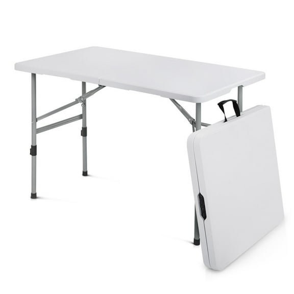BEZT 48" (4 Foot) Plastic Foldable Table, Indoor Outdoor Desk with Carrying Handle and Height Adjustable, White Top/Grey Leg