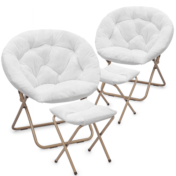 BEZT Cozy Chair Round Folding Faux Fur Saucer Chair for Bedroom Living Room Dorm Foldable Metal Frame Oversized Large Soft Cozy Moon Chair with Footrest Ottoman for Adults (White, 2 Set)