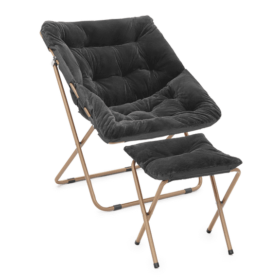 BEZT Cozy Chair Square Folding Faux Fur Saucer Chair for Bedroom Living Room Dorm Foldable Metal Frame Oversized Large Comfy Furry Padded Soft Cozy Moon Chair with Footrest Ottoman for Adults (Black)