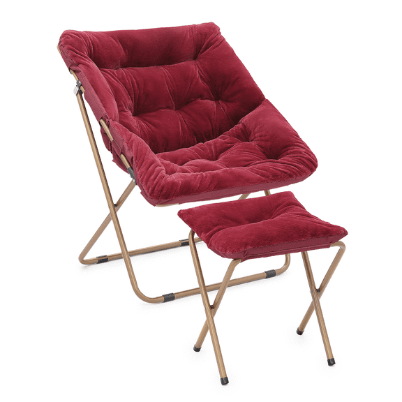 BEZT Cozy Chair Square Folding Faux Fur Saucer Chair for Bedroom Oversized Large Comfy Furry Padded Soft Cozy Moon Chair with Footrest Ottoman for Adults (Burgundy)