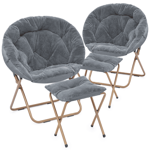 BEZT Cozy Chair ound Folding Faux Fur Saucer Chair for Bedroom Living Room Dorm Foldable Metal Frame Oversized Large Comfy Furry Padded Soft Cozy Moon Chair w/Footrest Ottoman for Adults (Gray,2 Set)