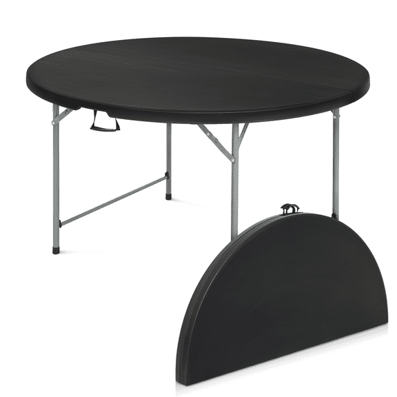 BEZT Folding Table 4Ft Round Folding Table, Indoor Outdoor Plastic Dining Card Table with Handle and Lock for Picnic Party Banquet Wedding, Black