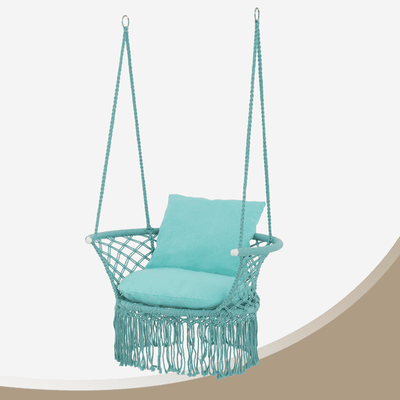 BEZT Green Stylish Macrame Hanging Chair w/ Tassel & 2 Cushions,Cotton Rope Swing