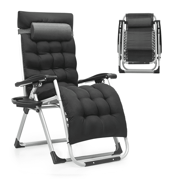 BEZT Lounge Folding Adjustable Recliner Chair w/Cushion,Headrest & Tray,Gray
