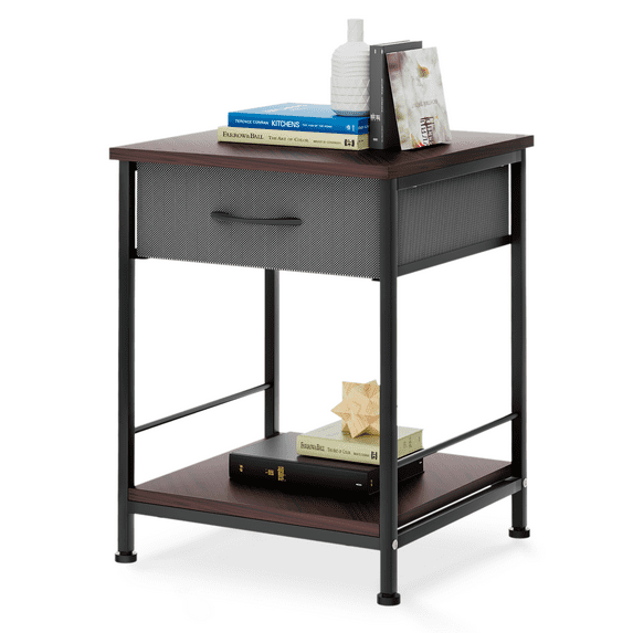 BEZT Nightstand Bedside Sofa End Table w/Open Storage Shelf+Cloth Drawer,Cinnamon Cherry