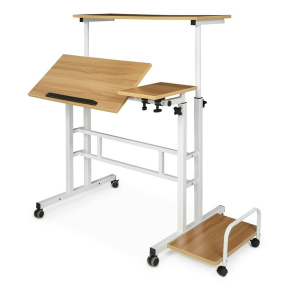 BEZT Rolling Adjustable Height Desk Laptop Computer Pc Table Workstation w/Cpu Stand Standing Desk Mouse Side Table,Monitor Shelf,Natural