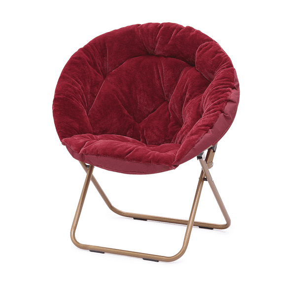 BEZT Round Folding Faux Fur Saucer Chair for Bedroom Living Room Dorm Courtyard Foldable Metal Frame Oversized Large Comfy Furry Padded Soft Lounge Lazy Cozy Moon Chair for Adults (Burgundy)