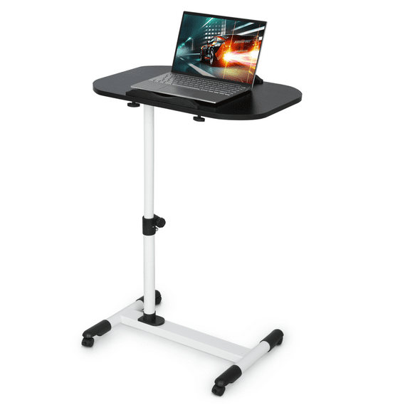 BEZT Standing Desk Rolling Laptop Desk Swivel Sofa Bed Food Tray Adjustable Height Table Stand Home,Black Tabletop/White Base