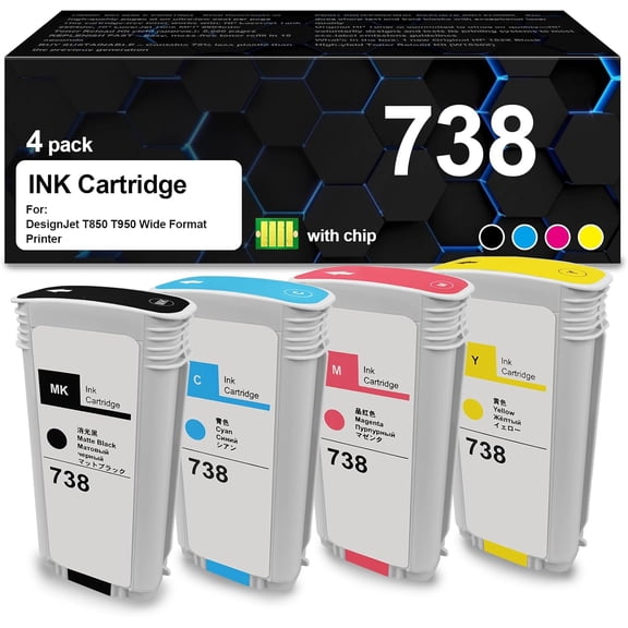 BF 738 Ink Cartridge 738XL Compatible for DesignJet T850 T950 Printers (4Packs,Black, Cyan, Magenta, Yellow,498N5A 498N6A 498N7A 498N8A)