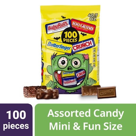 Butterfinger, CRUNCH, Baby Ruth, 100 Grand Mini and Fun Size Assorted Halloween Candy Bulk Bars, 100 Count Pack, 40.7 oz