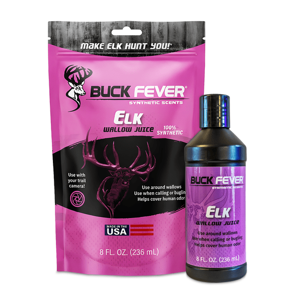 Buck Fever Elk Wallow Juice (8 oz) Synthetically Formulated Elk Scent Attractant Non Spoiling Synthetic Cow & Bull Rut Scent for Trail Camera Moisture Reactivated Mature Bull Hunting Scents