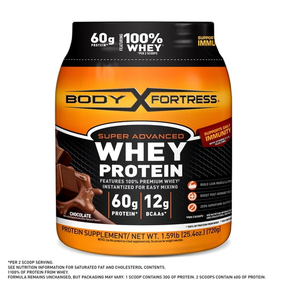 Body Fortress Super Advanced 100% Premium Whey Protein Powder, Chocolate, 60g Protein, 1.59 lbs