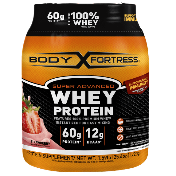 Body Fortress Super Advanced 100% Premium Whey Protein Powder, Strawberry, 60g Protein, Immune Support , Vitamins C & D Plus Zinc, 1.59 lbs