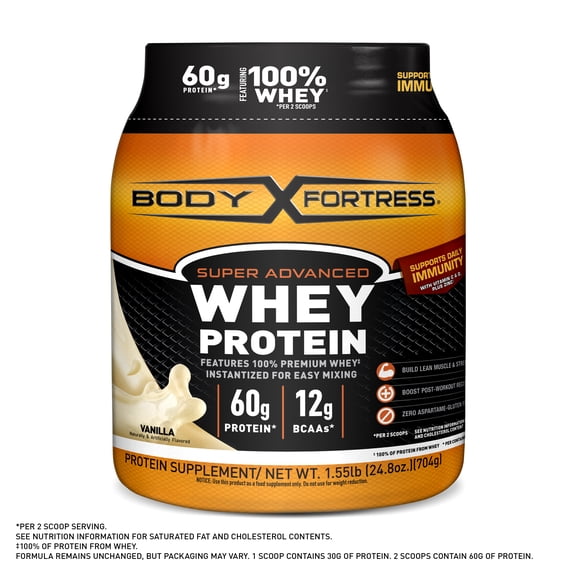 Body Fortress Super Advanced 100% Premium Whey Protein Powder, Vanilla, 60g Protein, Immune Support , Vitamins C & D Plus Zinc, 1.55 lbs