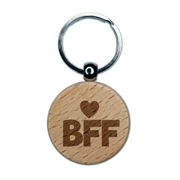 BFF Best Friends Forever Heart Round Keychain Charm Tag - Engraved Wood