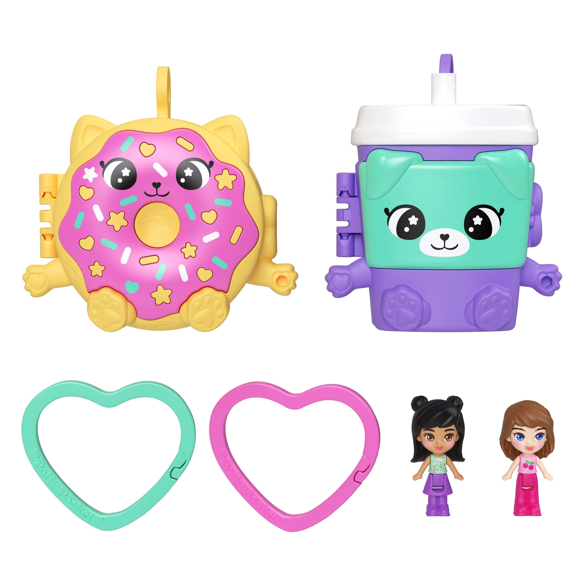 Polly Pocket Doll & Mini Compact Duo, Food-Themed Micro Playsets with 2 Dolls & 2 Keychain Clips