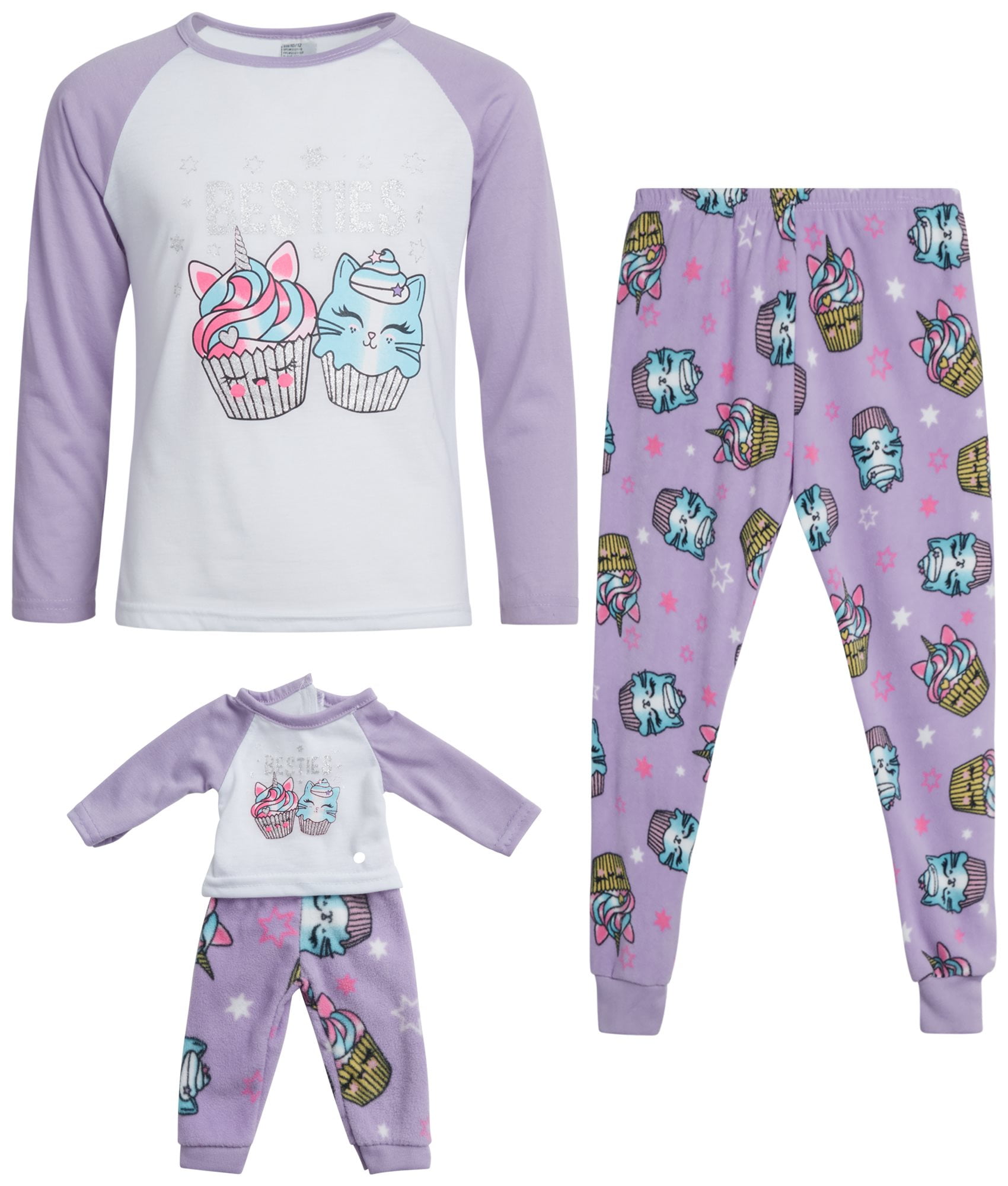 BFF & Me Girls' Pajama Pant Set - 2 Piece Sleep Shirt and Fleece Joggers w/  Matching Doll (6-12) 