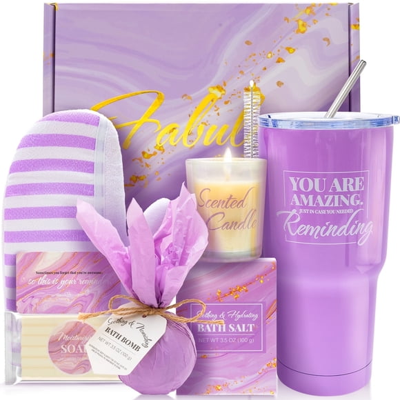 Spa Gift Sets for Women | Luxury 7 Pcs Lavender Valentines Day Bath Set for Birthday with a Stainless Steel Tumbler