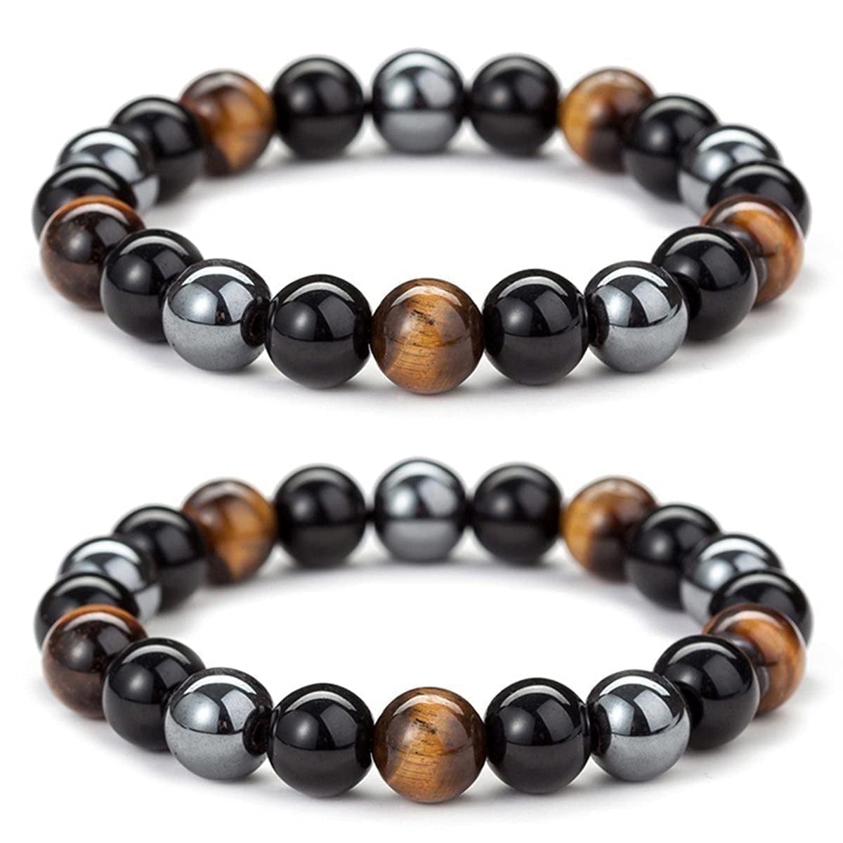 BFGFGO Natural Stone Hematite Tiger Eye Beads Triple Protection Bracelet, Set of 2 (10MM)