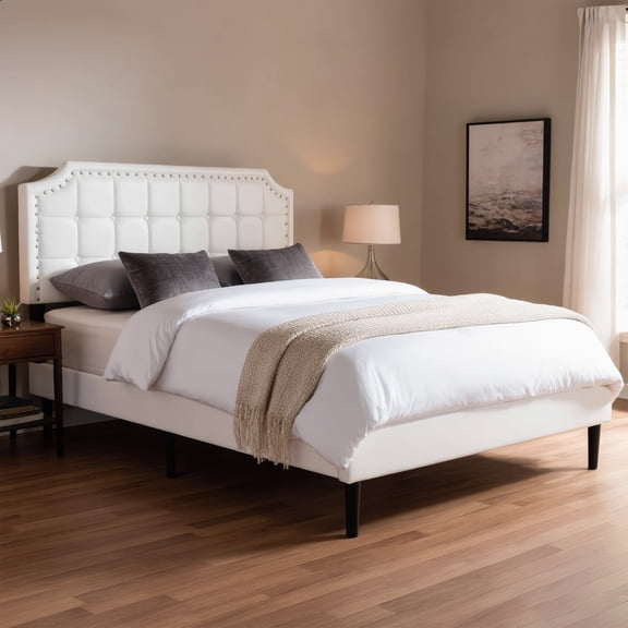 Elegant Faux Leather Platform Bed Frame, Tufted Button Headboard with Nailhead Trim, No Box Spring Needed, Easy Assembly