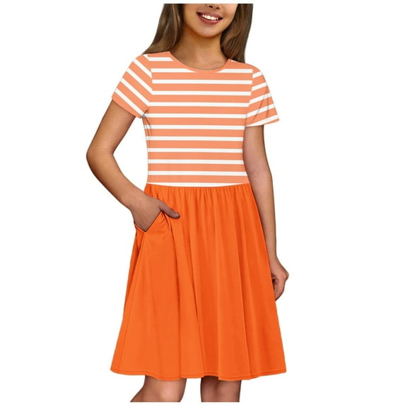 BFHHFA Girls Summer Striped Dresses Color Block Short Sleeve Dress Casual Crewneck A-Line Dresses for Girls Szie 3-14 Years