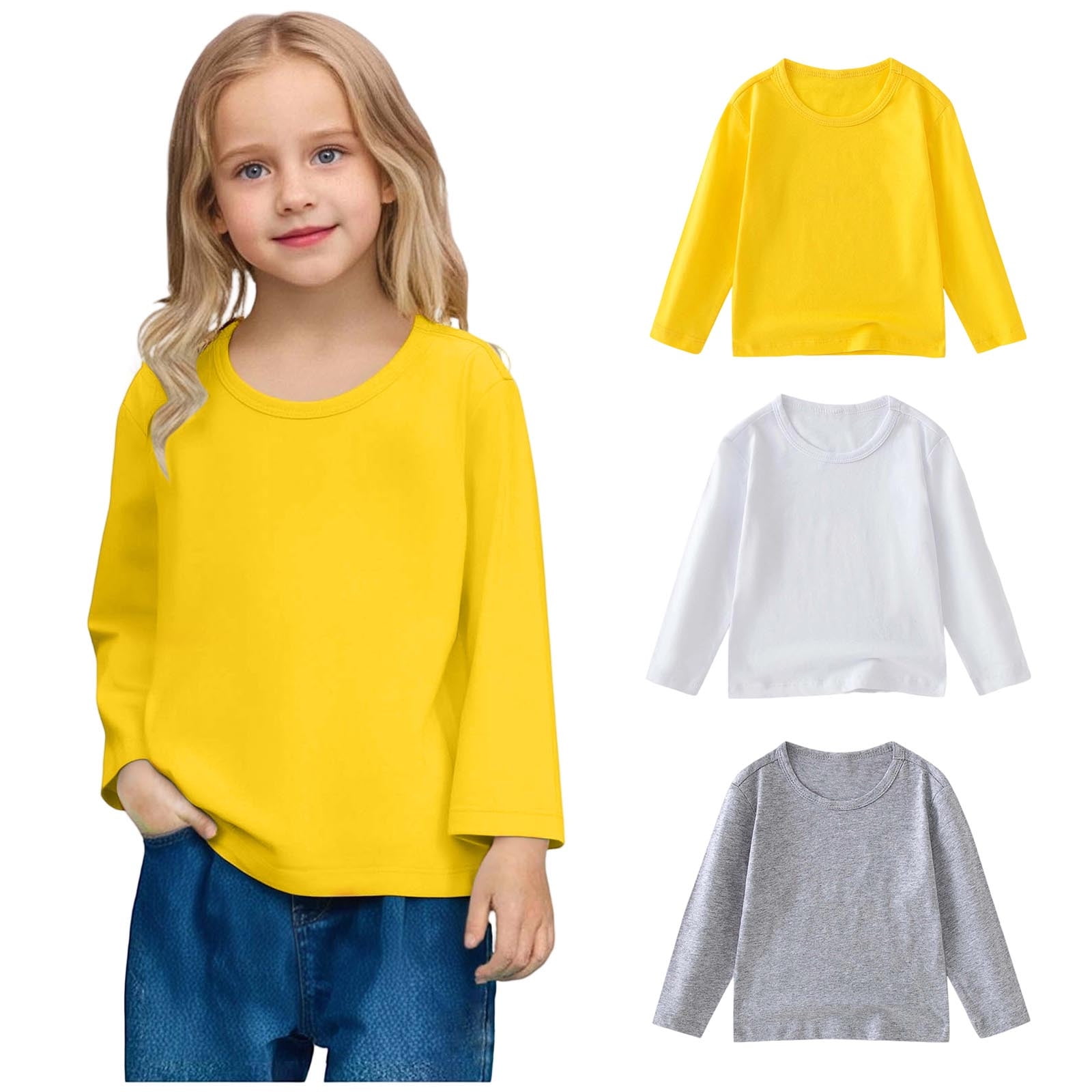 BFHHYA 3 Pack Kids Soft Cotton Shirts Boys Girls Classic Crew Neck Long ...