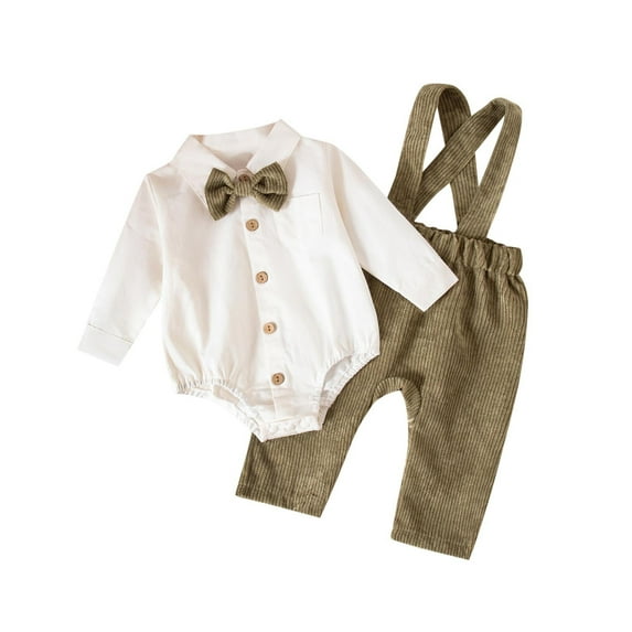 BFHHYA Baby Boys' Gentleman Set Long Sleeve Button Down Shirt with Bow Tie and Suspender Romper 2PC Set for Formal Occasions & Family Gatherings(0-18M)