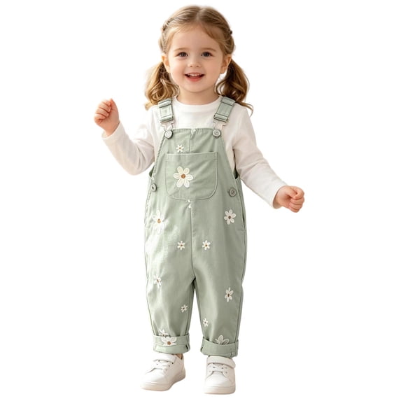 BFHHYA Baby Girls Overall Pants Adjustable Strap Sleeveless Jumpsuit Bottoms with Floral Embroidered Casual Front Button Suspender Trousers