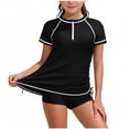 thumbnail image 1 of BFHHYA Big Girls 2 Piece UPF 50+ Swimsuit Short Sleeve Rash Guard Bathing Suit Solid Color Zip Swimwear with Shotrs 7-15 Years, 1 of 5